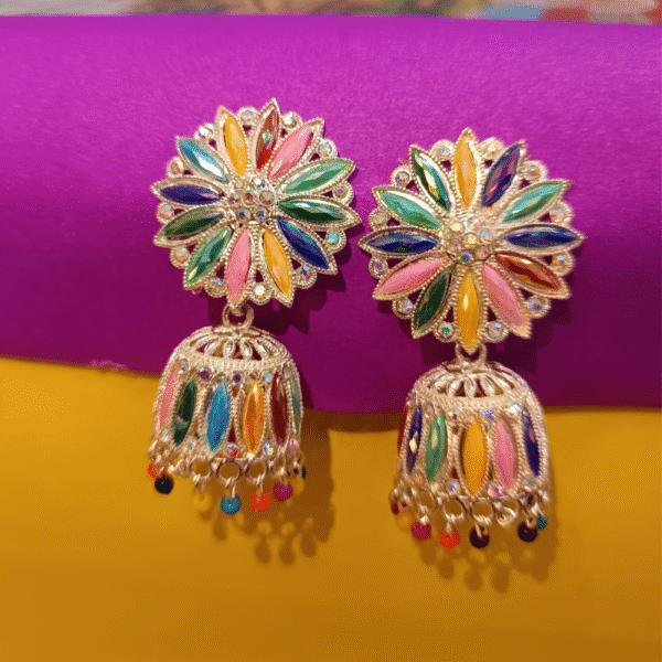 Multicolor Floral Jhumka Earrings with Hanging Beads