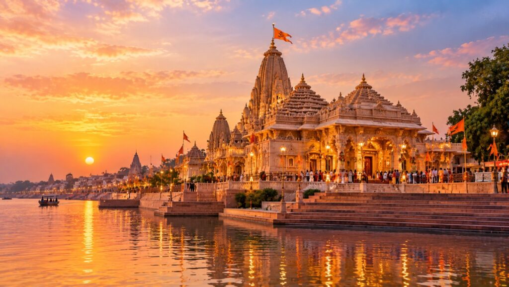 Ayodhya temple and sacred Sarayu River at sunset, representing the birthplace of Lord Rama