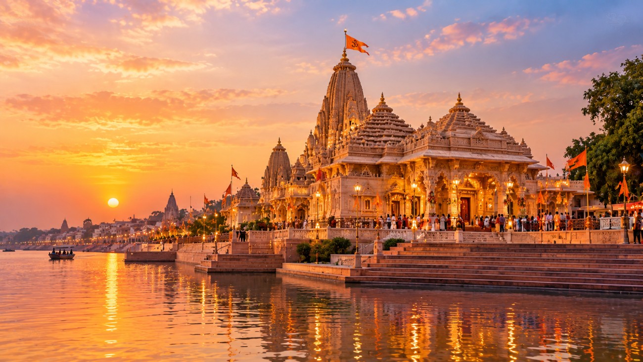 Ayodhya temple and sacred Sarayu River at sunset, representing the birthplace of Lord Rama