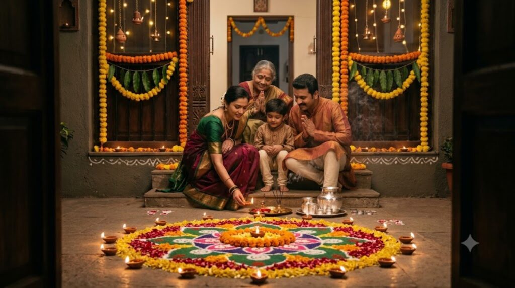 Explore Indian Festivals: Calendar, Traditions and Celebrations 9 Dhanteras celebration with glowing diyas, marigold flowers, rangoli and traditional silver utensils.
