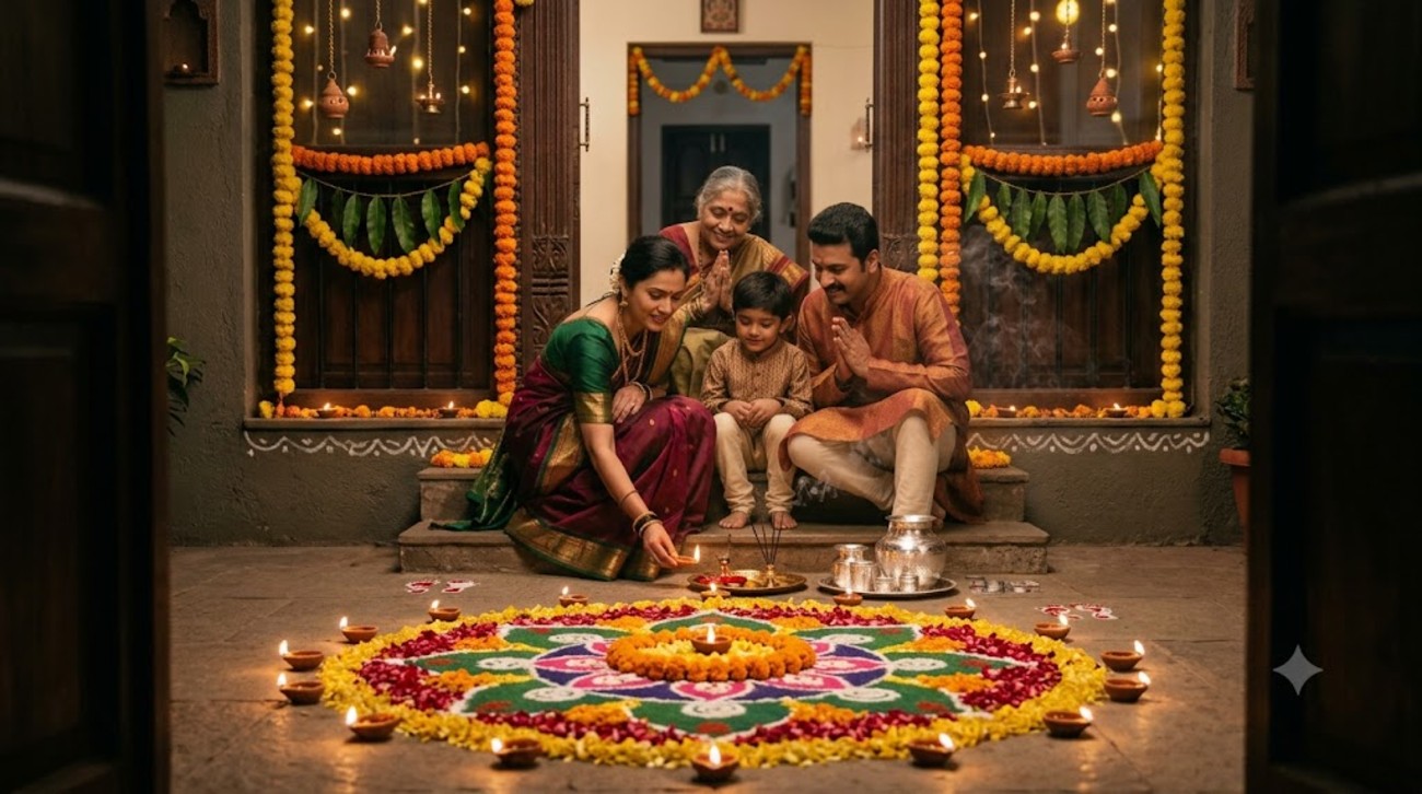 Why Is Dhanteras Celebrated? History, Significance, Story and Traditions 1 Dhanteras celebration with glowing diyas, marigold flowers, rangoli and traditional silver utensils.