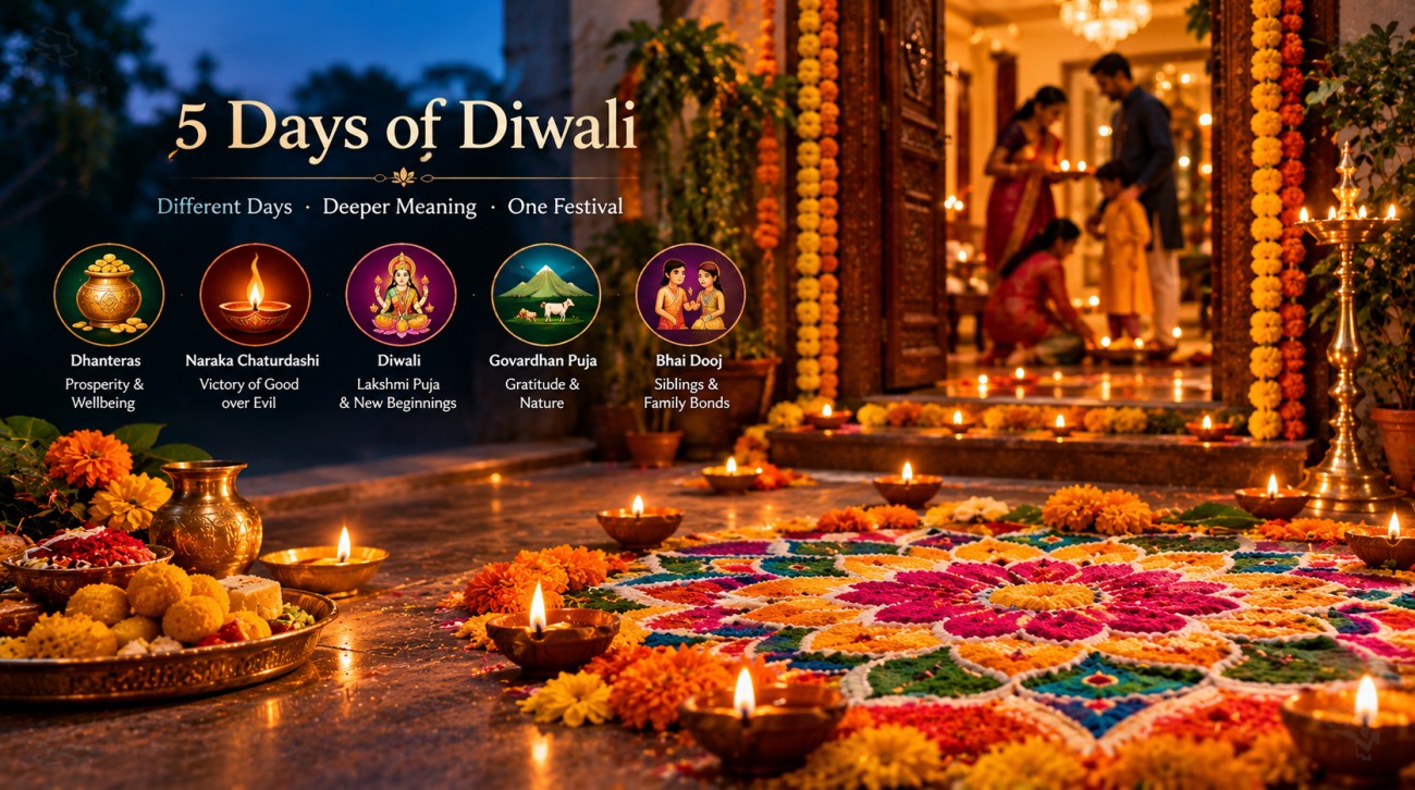 Glowing clay diyas and colourful rangoli at an Indian home during Diwali