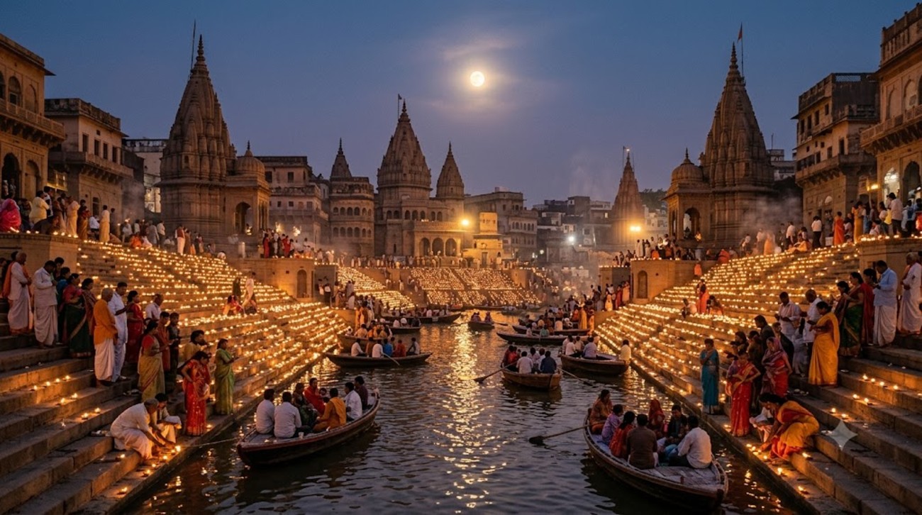 Dev Diwali celebration in Varanasi with glowing diyas illuminating the Ganga ghats at night.