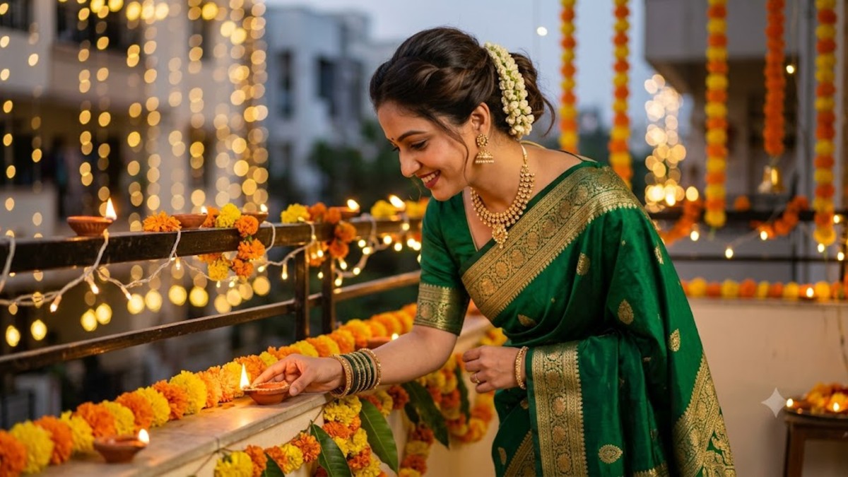 Woman is celebrating festival in Diwali outfit