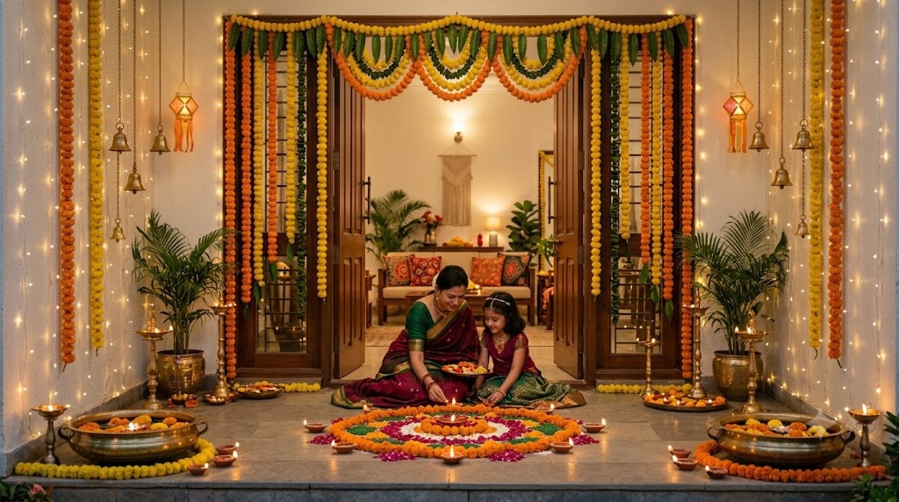 Diwali home decoration with glowing diyas, marigold garlands, colourful rangoli and warm fairy lights.