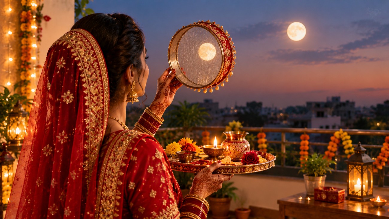 Indian woman in traditional festive attire holding a decorated Karva Chauth puja thali while viewing the moon through a sieve