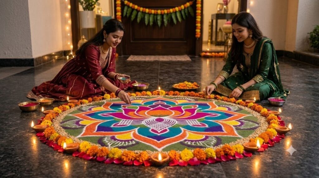 Colourful lotus rangoli design for diwali with traditional diyas decorating an Indian home entrance.
