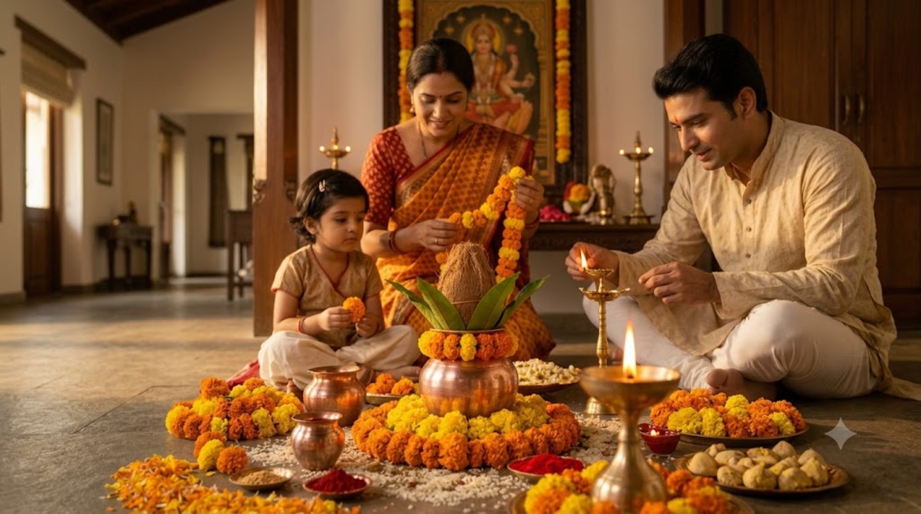 Shardiya Navratri puja rituals with kalash, diya and family worship