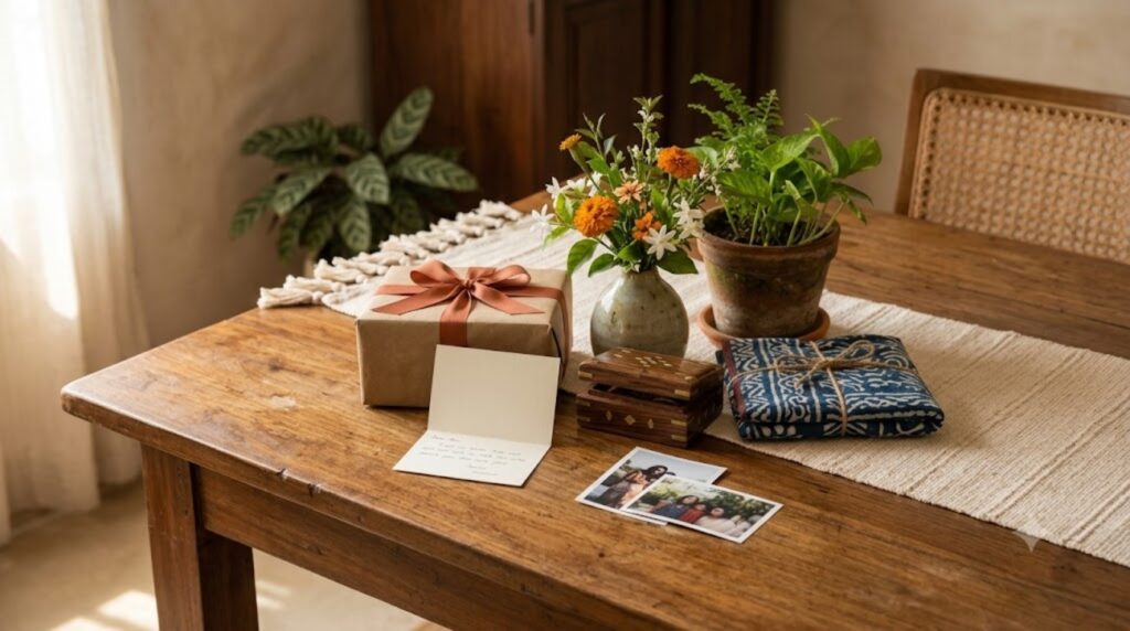 Thoughtful birthday gift ideas including a wrapped present, flowers, a handmade keepsake and a personalized card