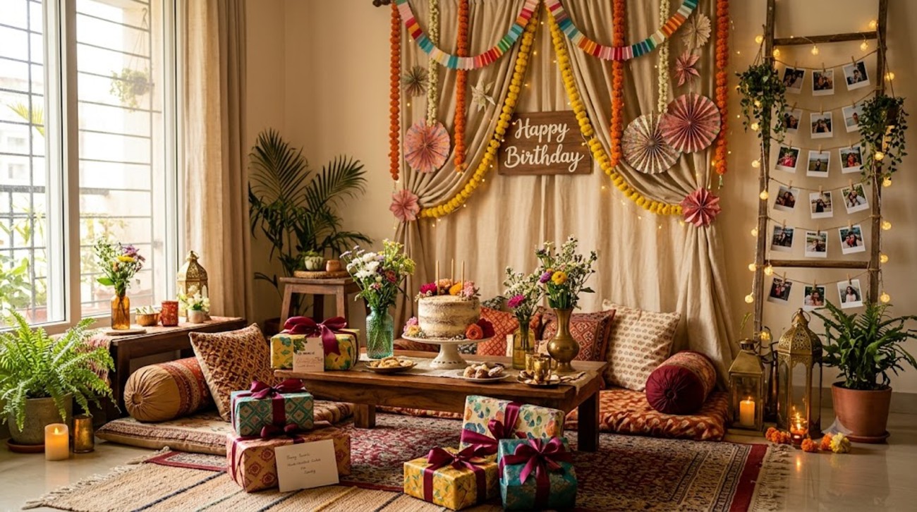 Unique birthday decoration ideas with a balloon garland, decorated cake table and warm party lighting