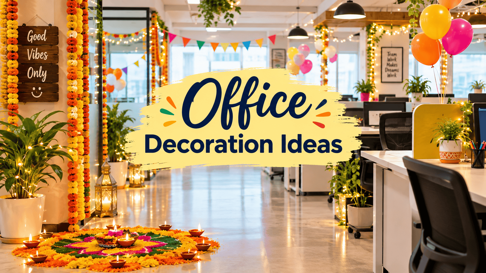 Festive office decor with balloons, lights, and colorful banners for celebrations.