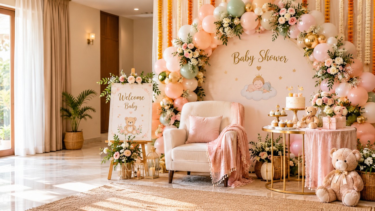 Baby Shower Decoration Ideas: Beautiful, Creative & Budget-Friendly Décor 1 Elegant pastel baby shower decoration with balloon arch, floral backdrop, and decorated seating area.