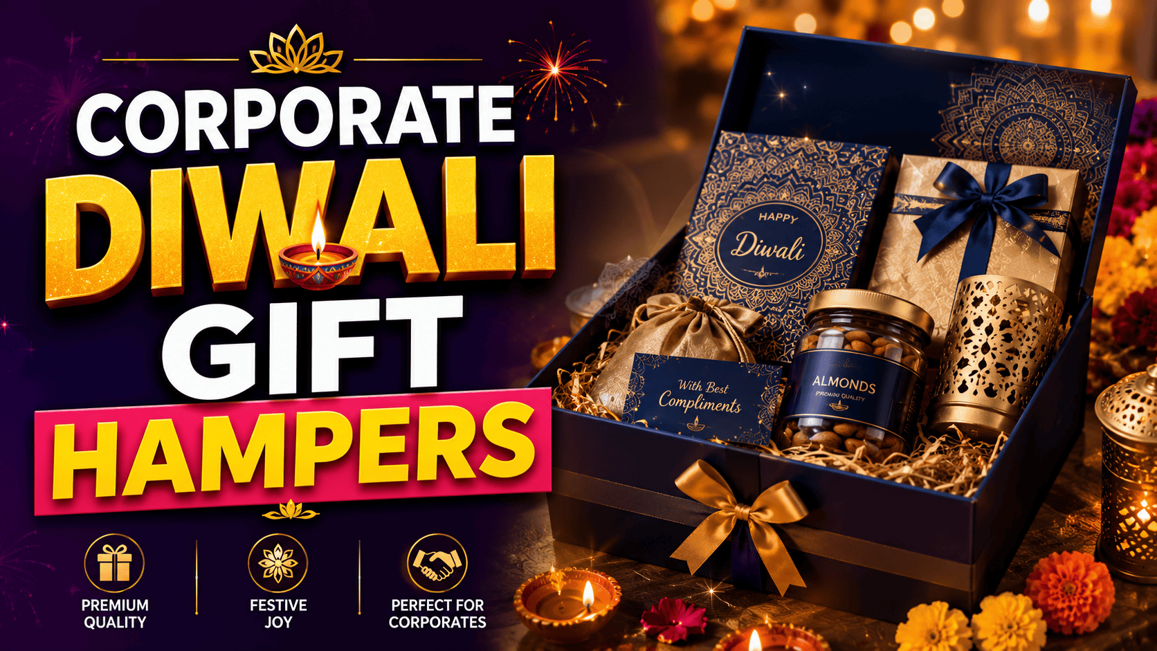 Elegant Diwali gift hampers with chocolates, nuts, and festive decor for corporate gifting.
