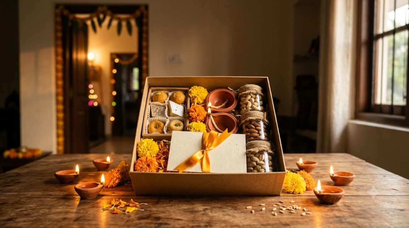 A handmade Diwali gift hamper with traditional sweets, dry fruits, decorative diyas and a festive greeting card