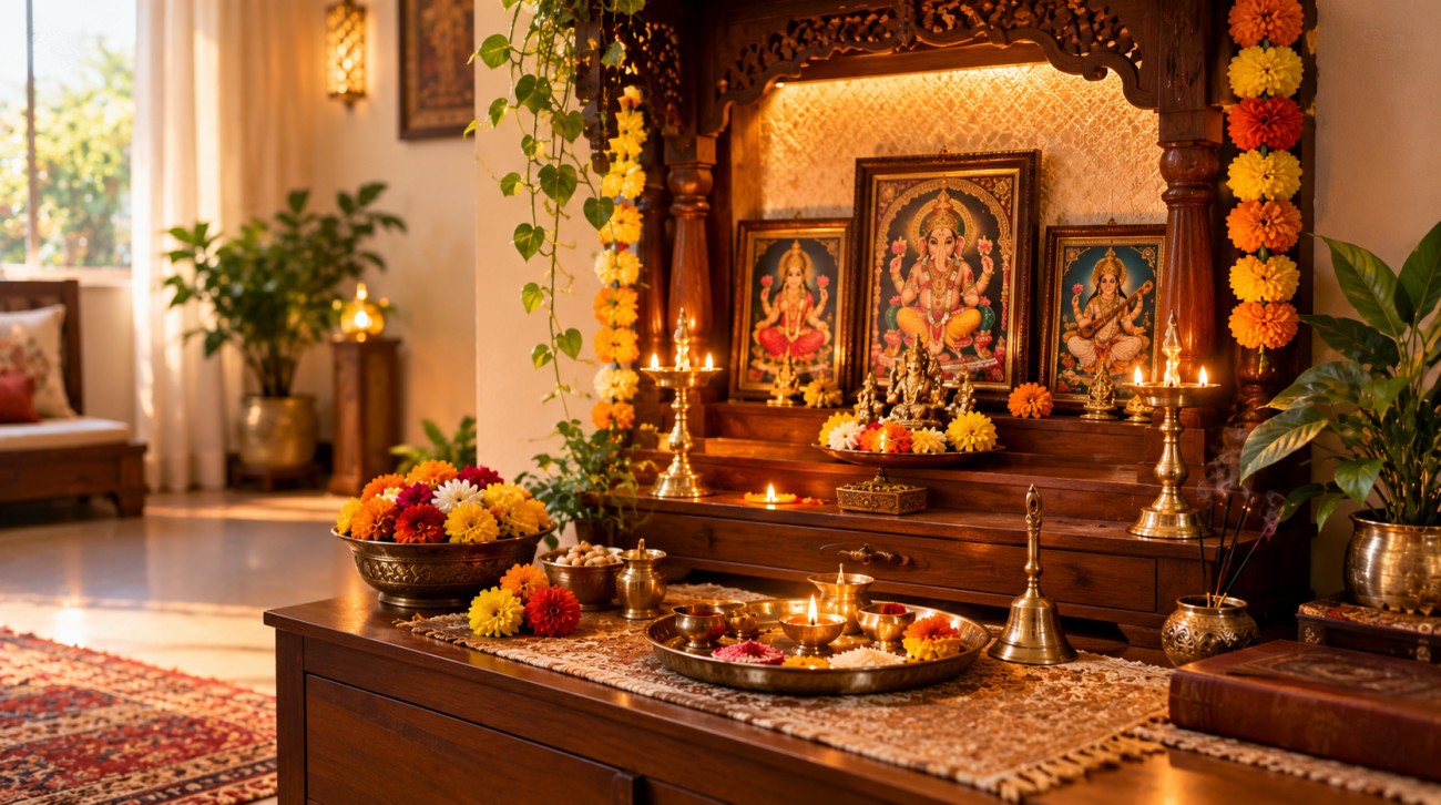 A beautifully decorated Indian home mandir with brass diyas, a pooja thali, fresh flowers and warm lighting