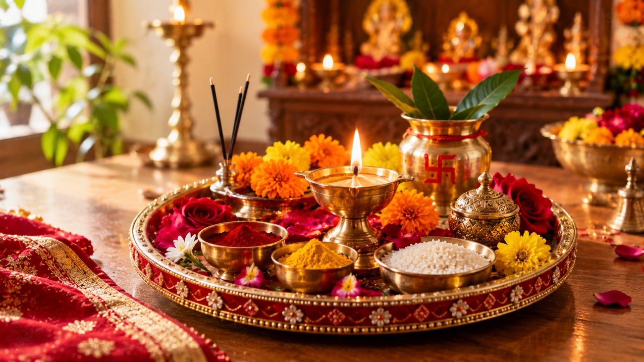 Beautifully decorated Indian pooja thali with brass diya, kumkum bowls and fresh marigold and rose petals