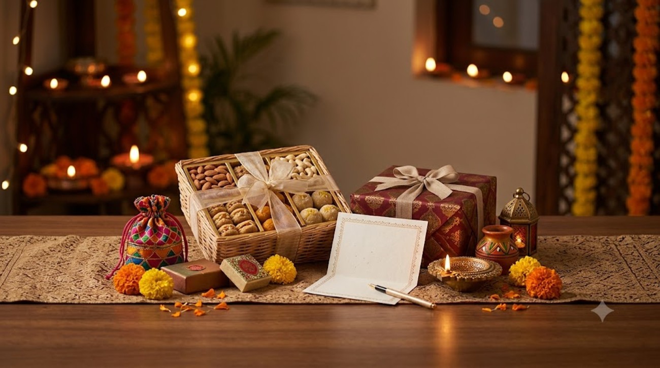 Unique Diwali gift ideas featuring a festive hamper, sweets, brass diya, flowers and wrapped presents.