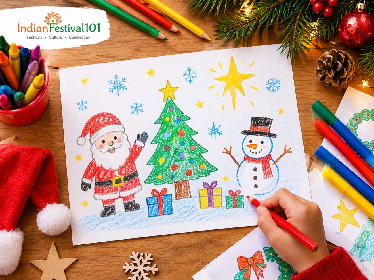Children's Christmas drawings of Santa Claus, a Christmas tree, snowman and gifts made with crayons.
