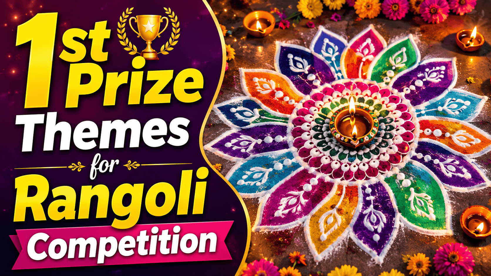 Colorful rangoli design with candles and flowers for festival celebration.