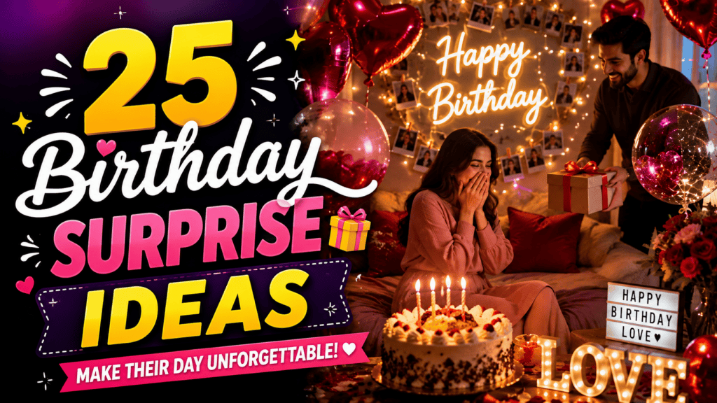 Celebrating birthday surprises with friends and family in a festive setting.