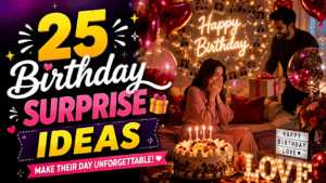Celebrating birthday surprises with friends and family in a festive setting.