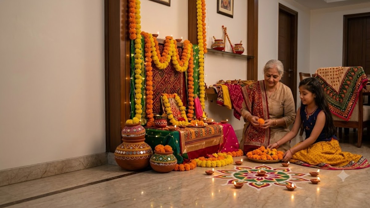 Navratri puja corner decorated with flowers and diyas