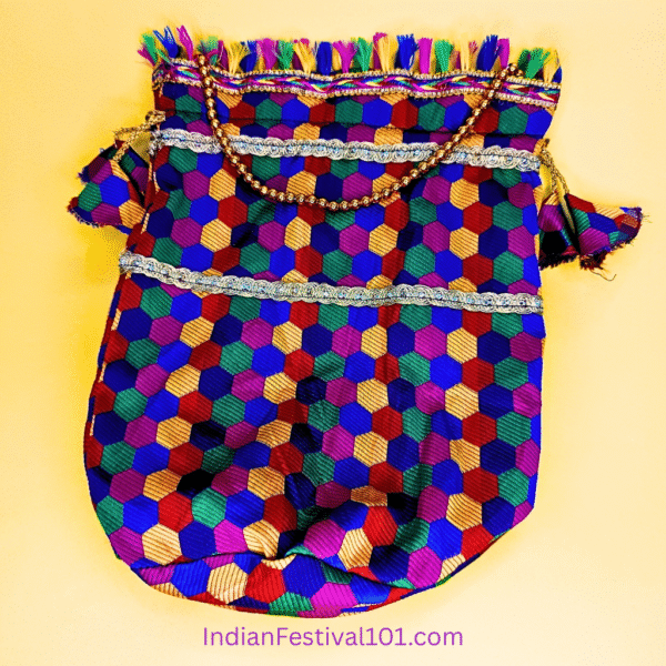 Vibrant Hexagonal Pattern Potli Bag with Golden Tassels - Image 3