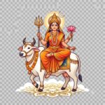 Goddess Durga riding a bull holding a lotus and trident, symbolizing power and purity.