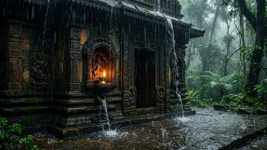 Ancient temple with water flowing, surrounded by lush rainforest.