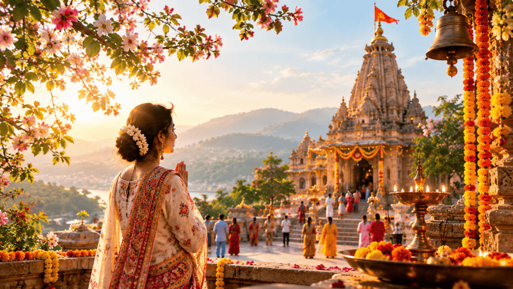 Woman praying at Navratri temple during sunset with festive decorations.
