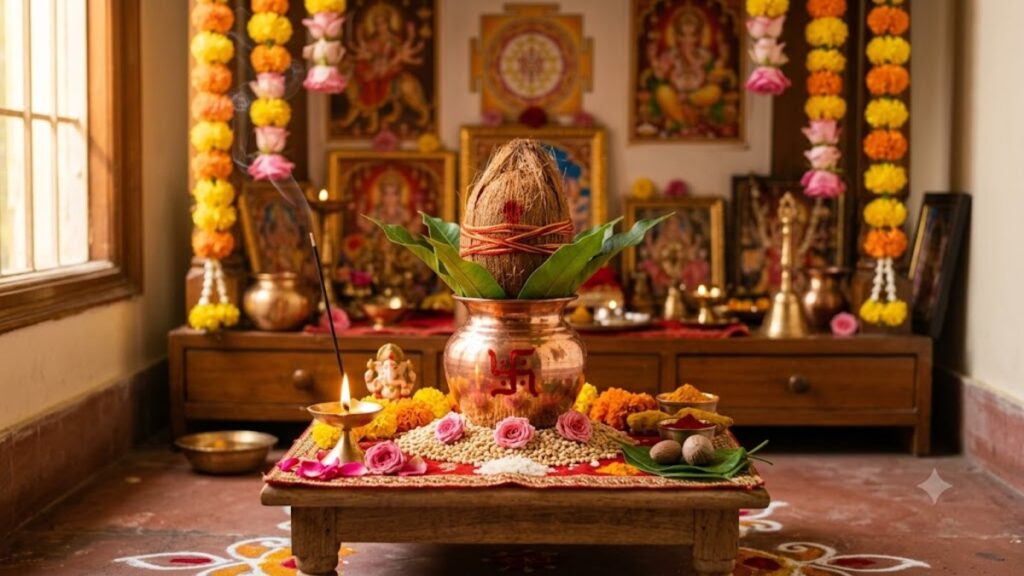 Indian festival altar with coconut, flowers, and sacred items for celebration.