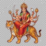 Hindu goddess Durga riding a tiger with multiple arms holding weapons and symbols.