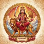 Hindu goddess Katyayani riding a lion with sword and shield, vibrant festival artwork.