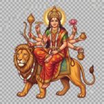 Hindu goddess Durga riding a lion with multiple arms holding weapons and symbols.