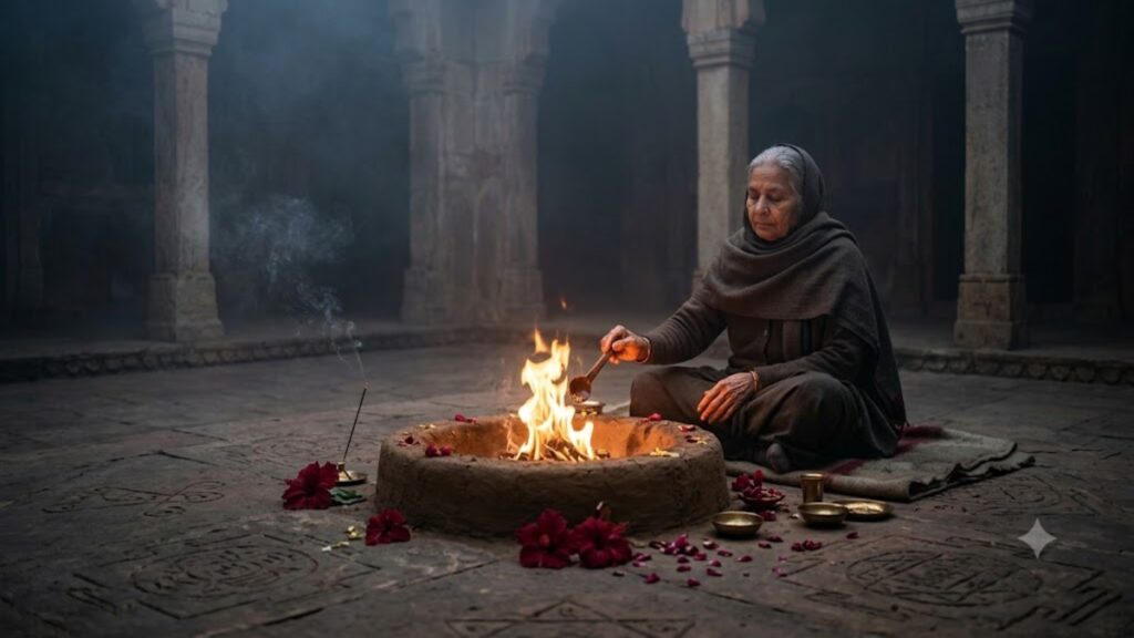 Woman performing a Hindu ritual with fire and flowers in a historic temple.