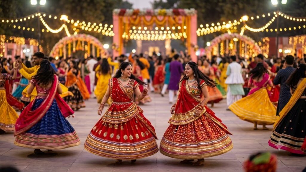 Women in colorful traditional Indian attire dancing at festival event.