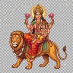 Hindu goddess Durga riding a lion with lotus flowers during Navratri festival.