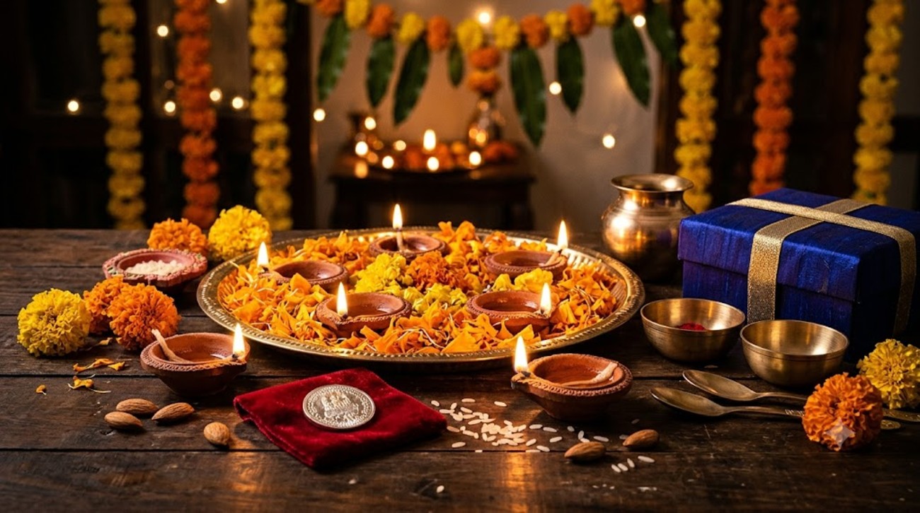 Dhanteras shopping ideas featuring silver coins, brass utensils, clay diyas and festive gifts.