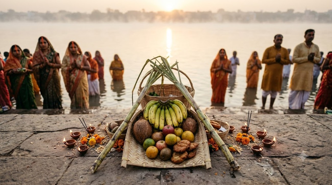Traditional Chhath Puja samagri arranged in bamboo baskets with fruits, coconut, sugarcane and thekua